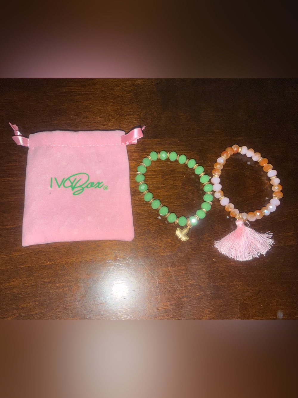 Ivy & Rose Green Beaded Bracelet Set with Pink Tassel